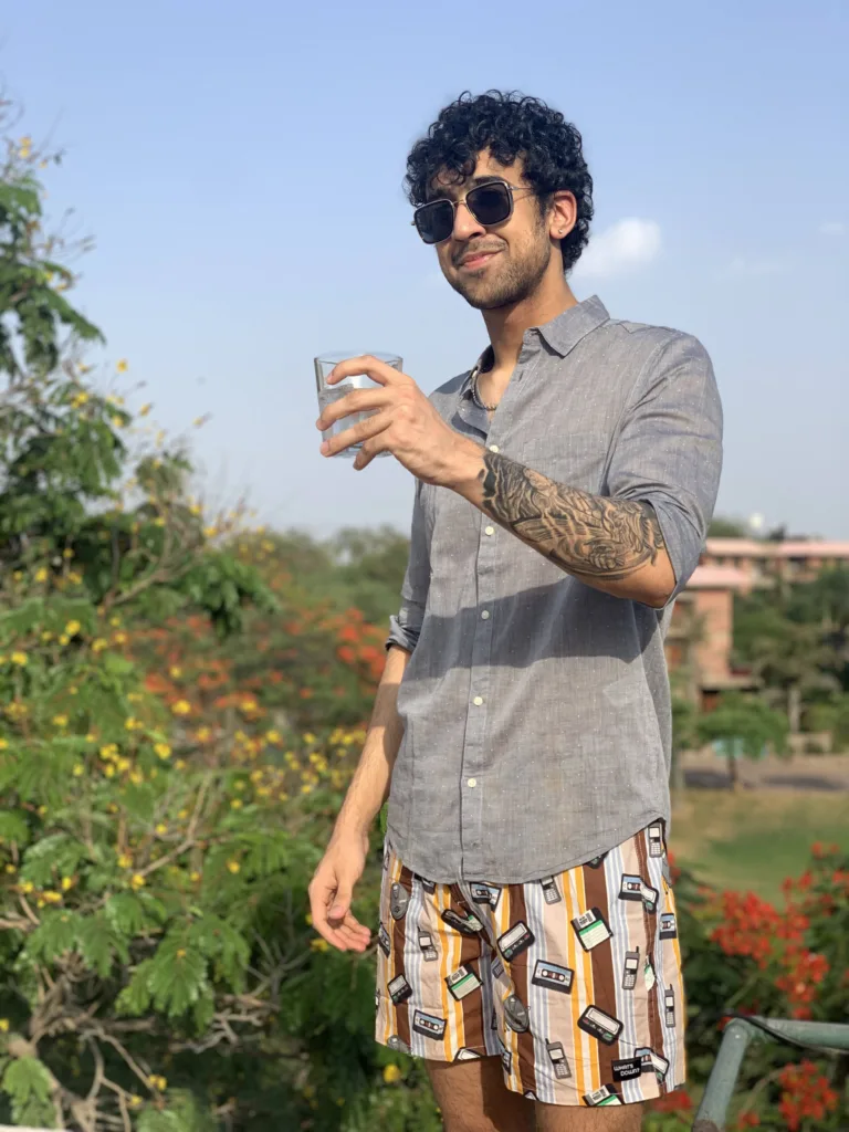 Man in Whats Down Brown Old Tech retro printed boxers. Photo 5