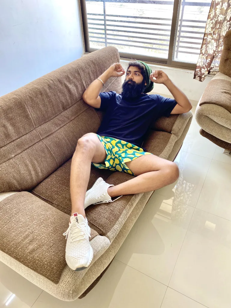 Man in a yellow tee and Whats Down Green Lemon printed boxers. Photo 3