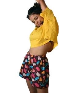 Whats Down Maroon Umbrella women's printed cotton boxers on a model in a yellow tee arms up