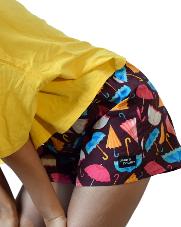 Whats Down Maroon Umbrella women's printed cotton boxers on a model in a yellow tee. Side detail