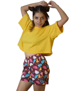 Whats Down Maroon Umbrella women's printed cotton boxers on a model in a yellow tee hands on head
