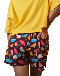 Whats Down Maroon Umbrella women's printed cotton boxers on a model in a yellow tee. Print detail
