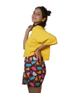 Whats Down Maroon Umbrella women's printed cotton boxers on a model in a yellow tee side pose
