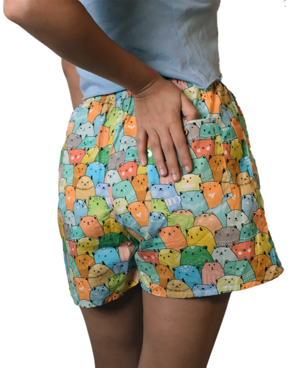 Whats Down Multicolour Meow women's printed cotton boxers on a model in a blue tee. Back detail