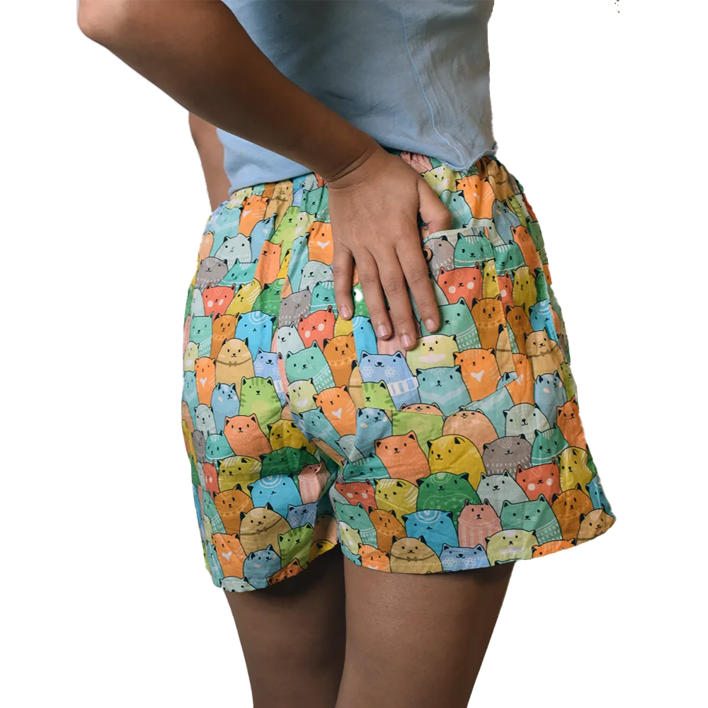Whats Down Multicolour Meow women's printed cotton boxers on a model in a blue tee. Back detail