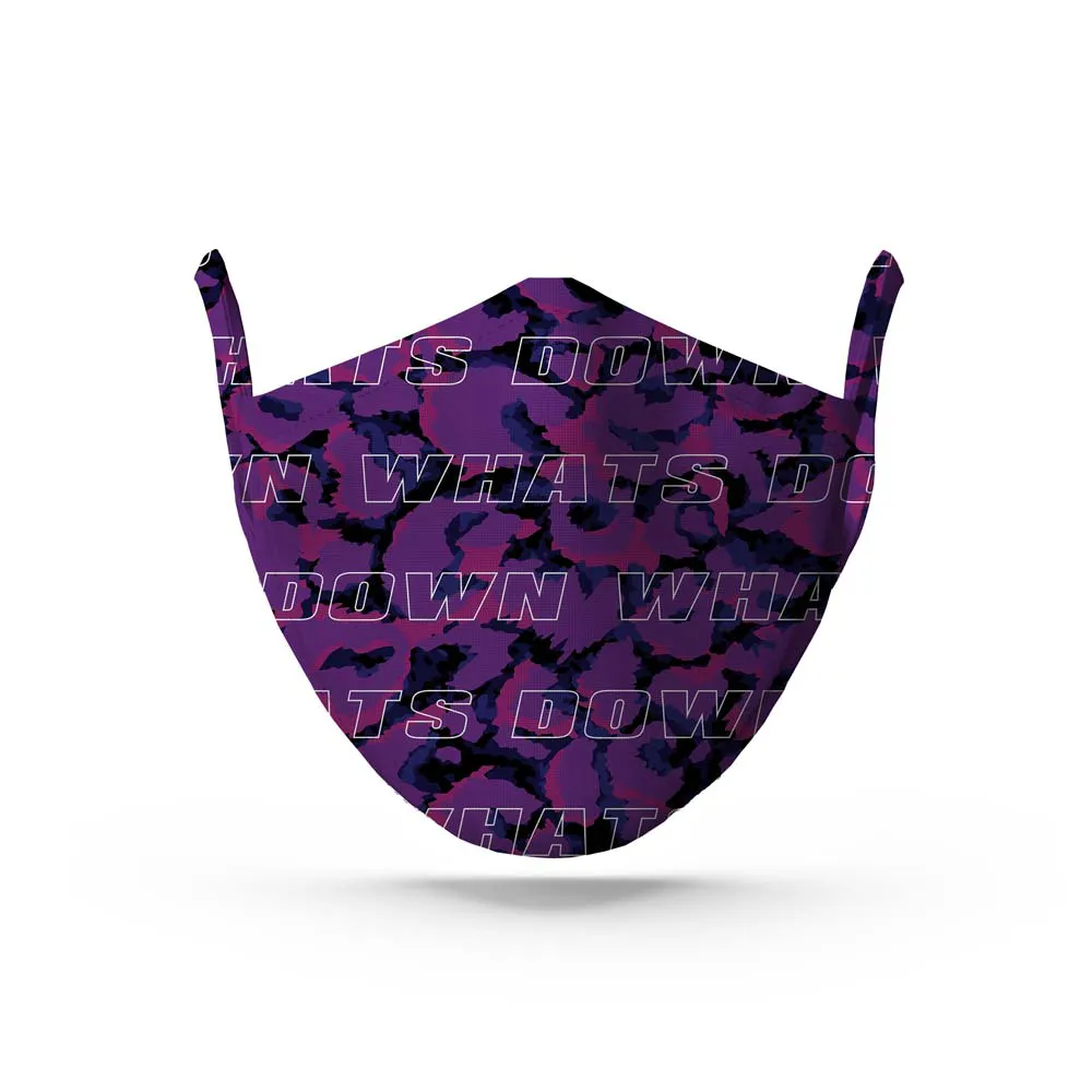 Purple Camo Face Mask. Whats Down reusable printed cotton face mask