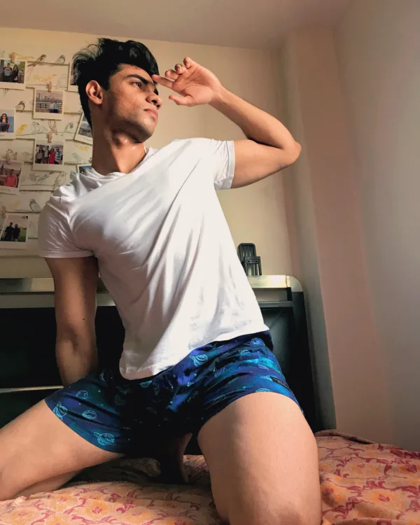 Man in Whats Down Blue Galaxy printed boxers. Photo 1