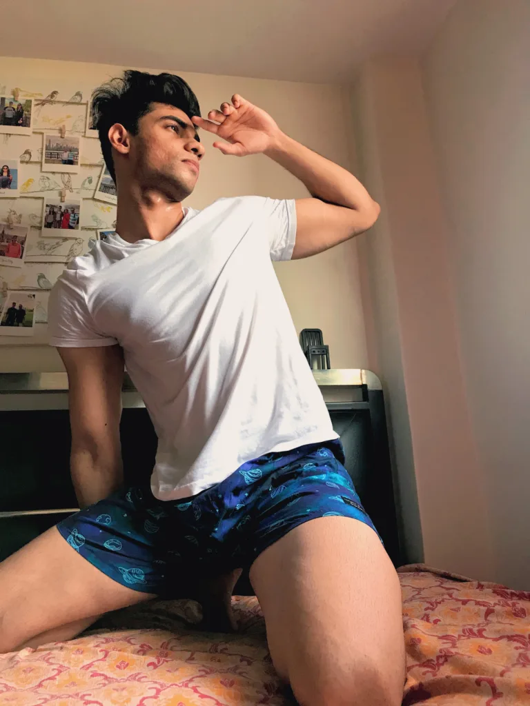 Man in Whats Down Blue Galaxy printed boxers. Photo 1