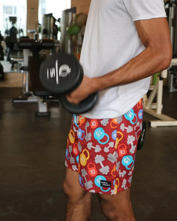 Man at the gym in Whats Down Maroon Dumbbells printed boxers. Photo 7