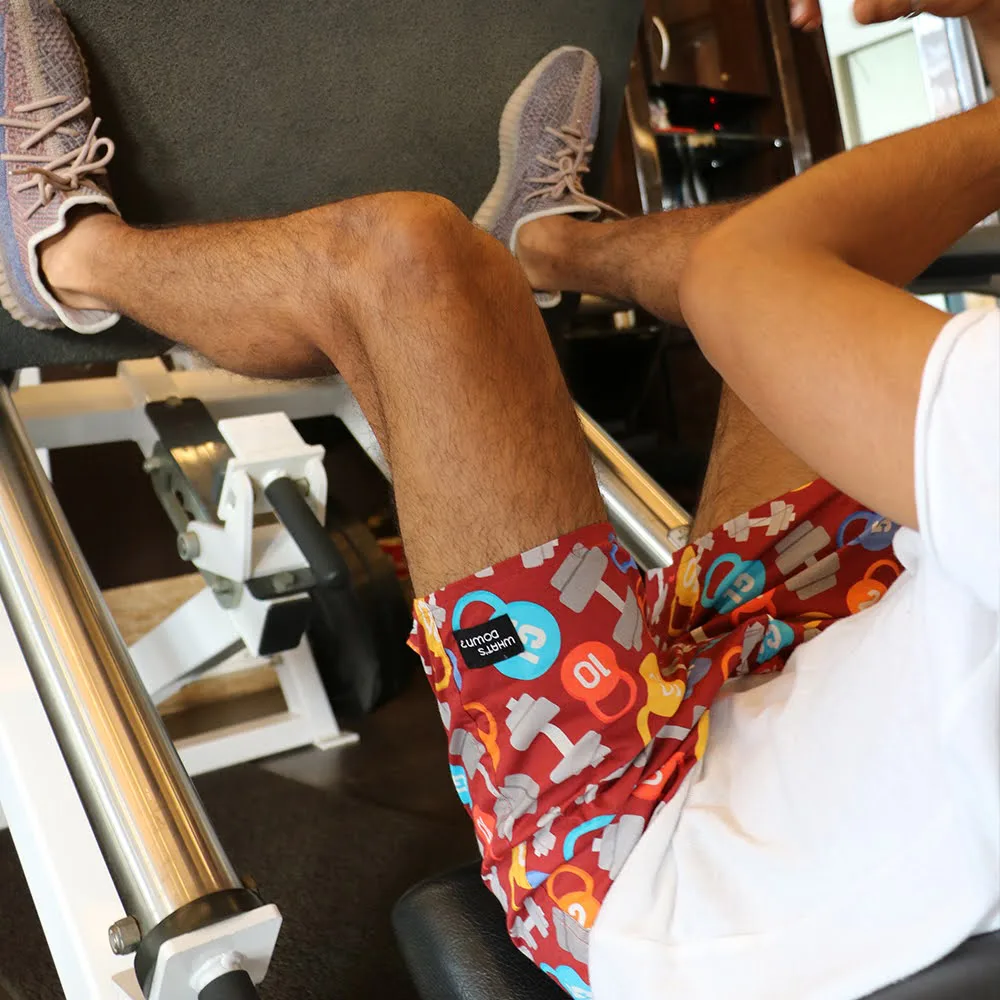 Man at the gym in Whats Down Maroon Dumbbells printed boxers. Photo 8