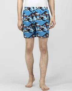 Blue Camo Mens Boxers. Whats Down men's printed cotton poplin boxers, front view