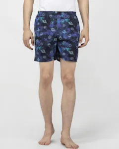 Blue Galaxy Mens Boxers. Whats Down printed cotton poplin boxers, on model 1