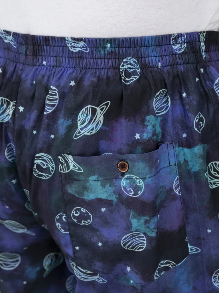 Blue Galaxy Mens Boxers. Whats Down printed cotton poplin boxers, on model 4
