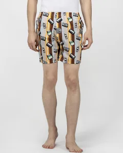 Brown Old Tech Mens Boxers. Whats Down men's printed cotton poplin boxers, front view
