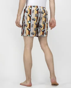Brown Old Tech Mens Boxers. Whats Down men's printed cotton poplin boxers, print close-up