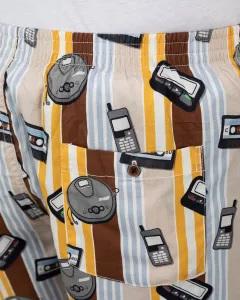 Brown Old Tech Mens Boxers. Whats Down men's printed cotton poplin boxers, on model