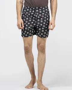 Black Playstation Mens Boxers. Whats Down men's printed cotton poplin boxers, front view