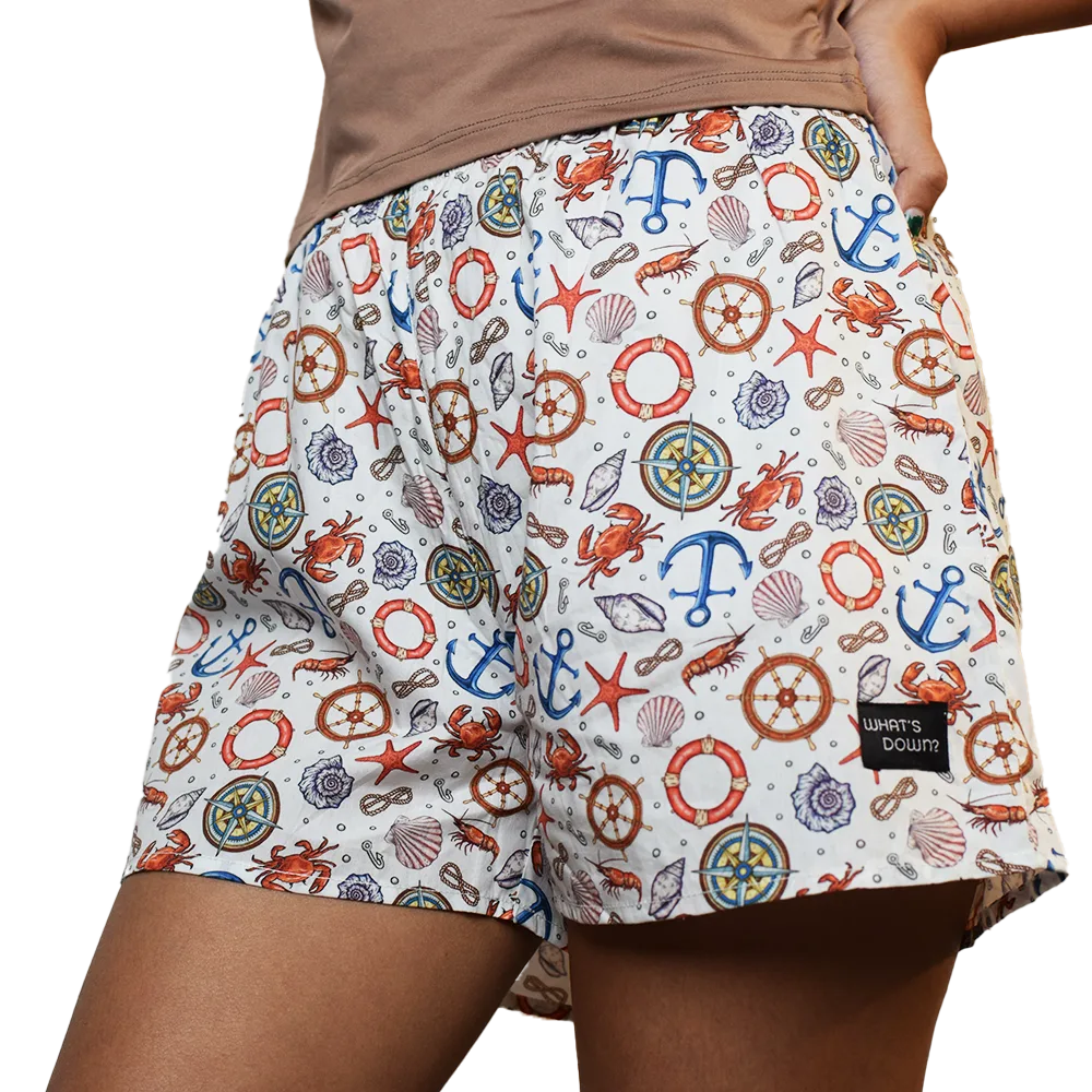 Whats Down White Nautical women's printed cotton boxers. Print detail