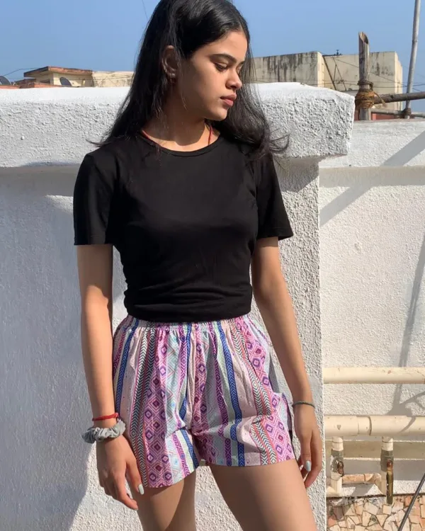 Woman in Whats Down Multicolour Vertical Boho striped printed boxers. Photo 1