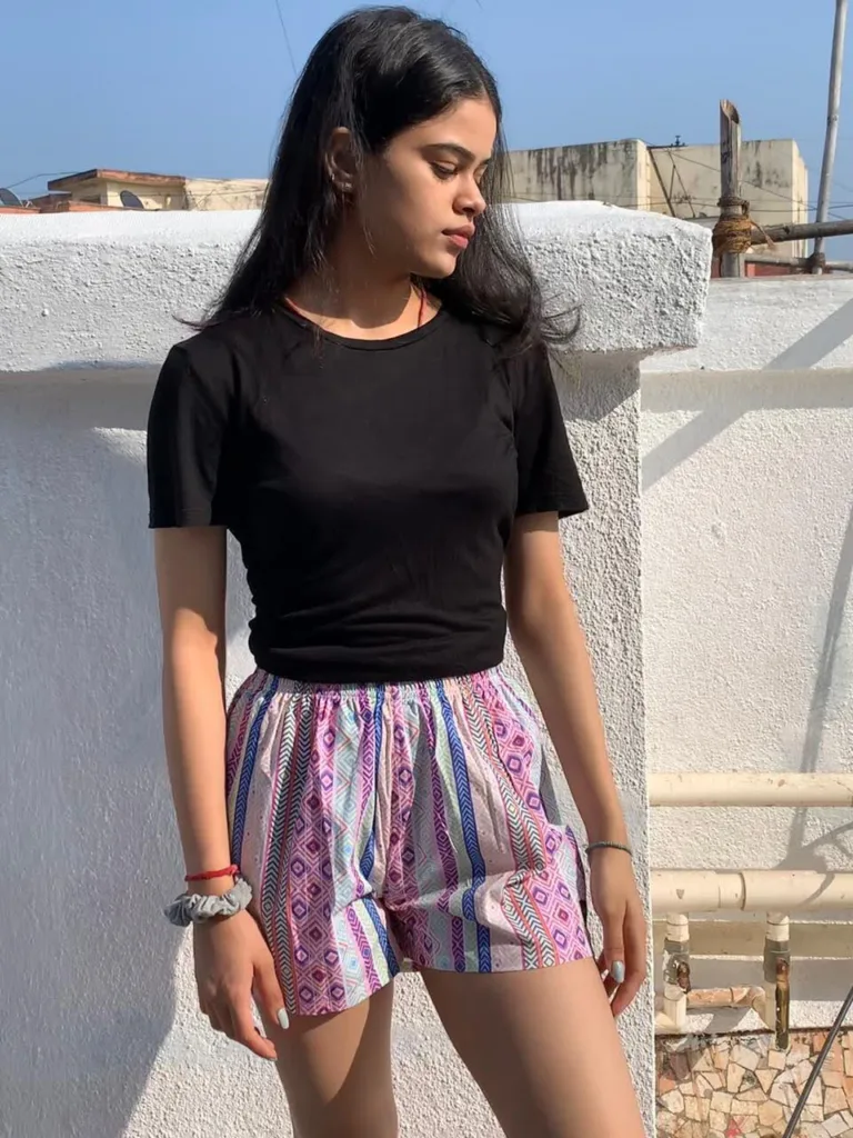 Woman in Whats Down Multicolour Vertical Boho striped printed boxers. Photo 1