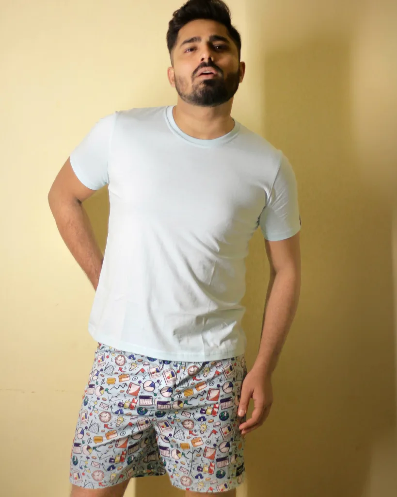 Blue Doodles Mens Boxers. Whats Down men's printed cotton poplin boxers, print close-up