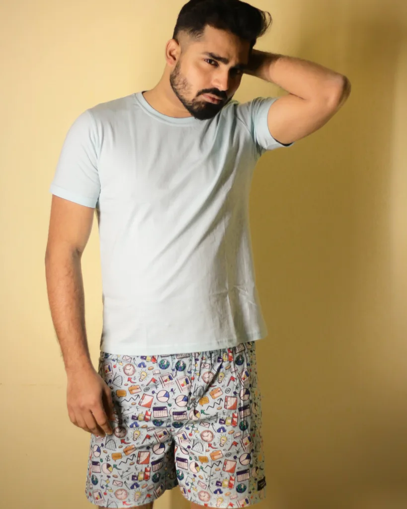Blue Doodles Mens Boxers. Whats Down men's printed cotton poplin boxers, on model