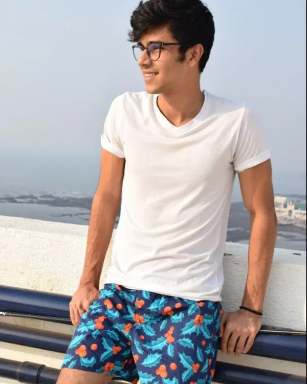 Blue Mistletoe Mens Boxers. Whats Down men's printed cotton poplin boxers, waistband detail