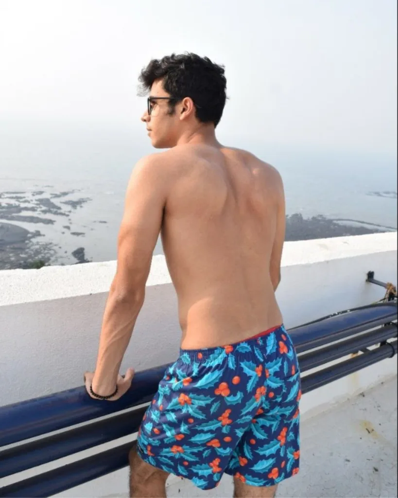 Blue Mistletoe Mens Boxers. Whats Down men's printed cotton poplin boxers, side view