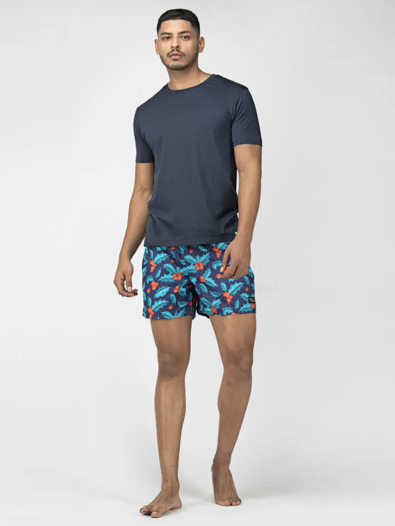 Blue Mistletoe Mens Boxers. Whats Down men's printed cotton poplin boxers