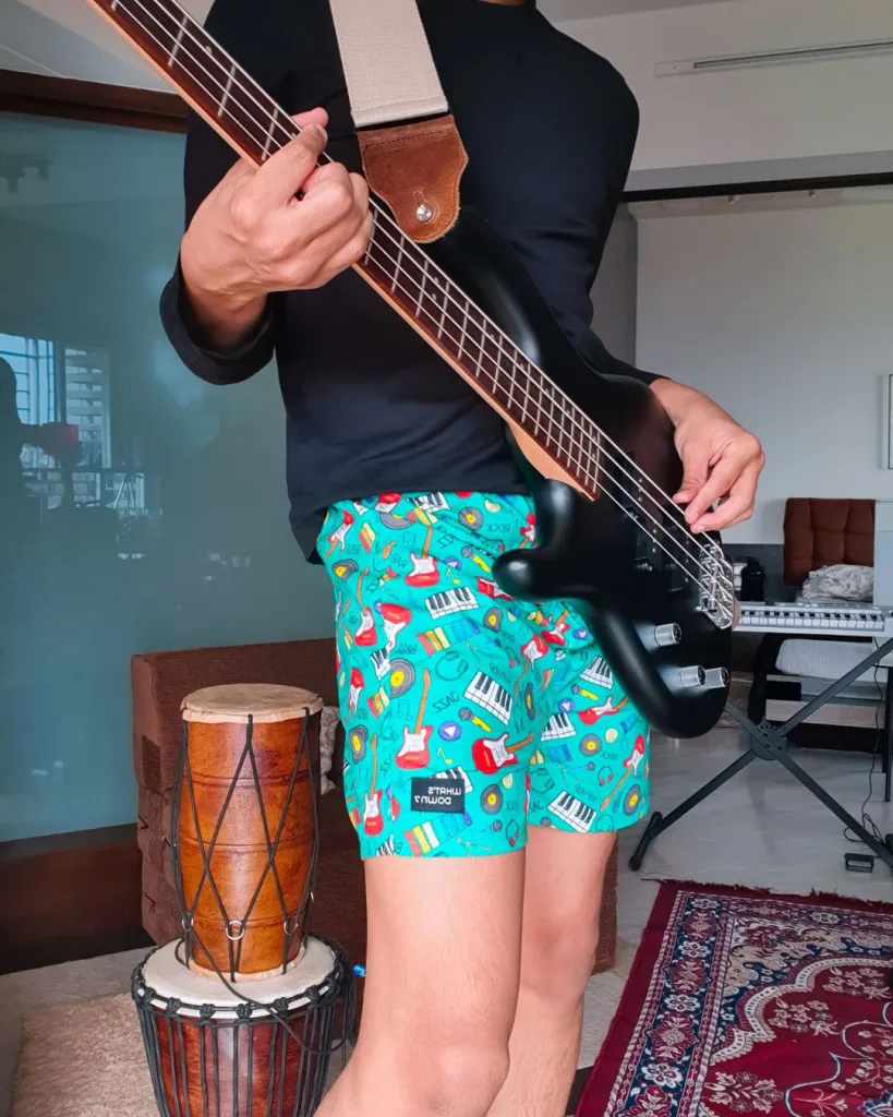 Green Musical Mens Boxers. Whats Down men's printed cotton poplin boxers, print close-up