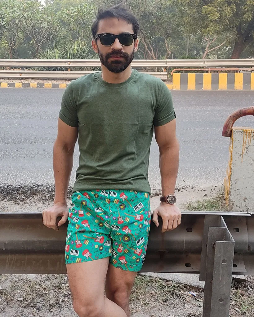 Green Musical Mens Boxers. Whats Down men's printed cotton poplin boxers, on model