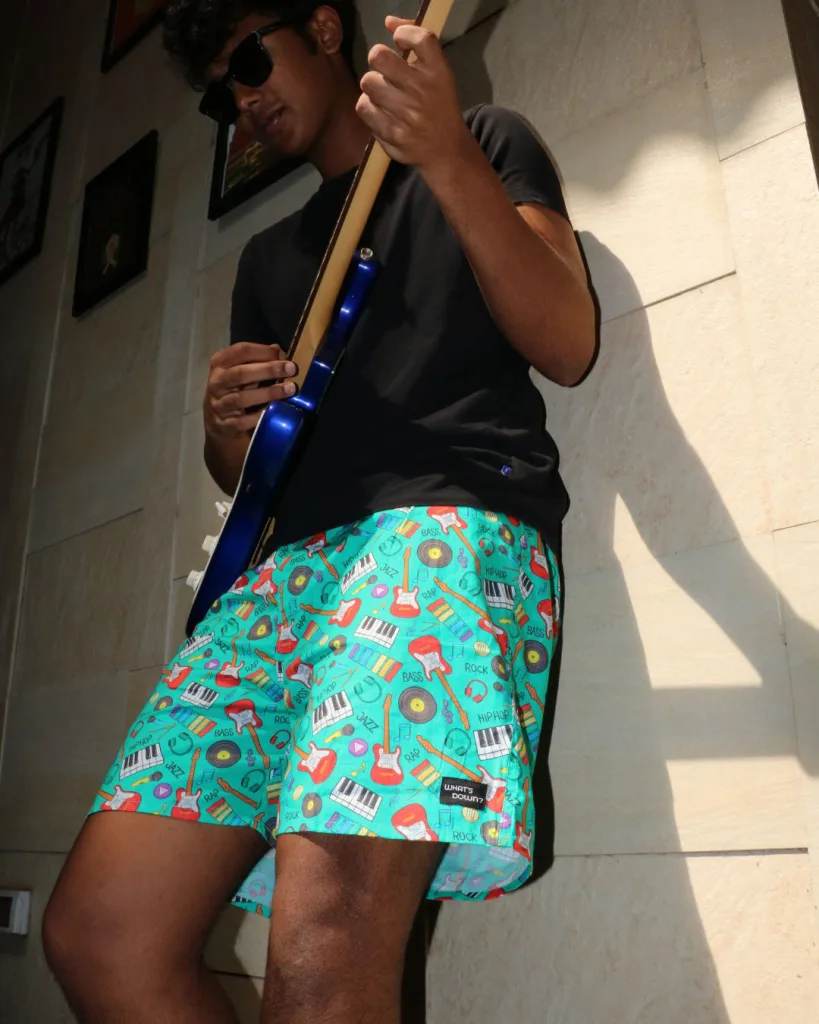 Green Musical Mens Boxers. Whats Down men's printed cotton poplin boxers, waistband detail