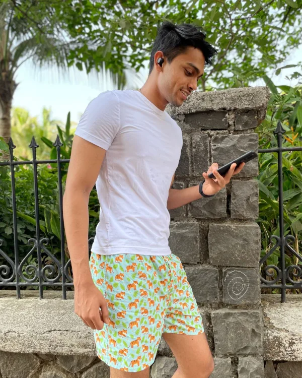 Green Sher Khan Mens Boxers. Whats Down men's printed cotton poplin boxers, print close-up
