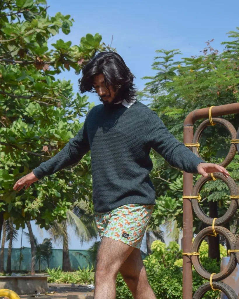 Green Sher Khan Mens Boxers. Whats Down men's printed cotton poplin boxers, on model