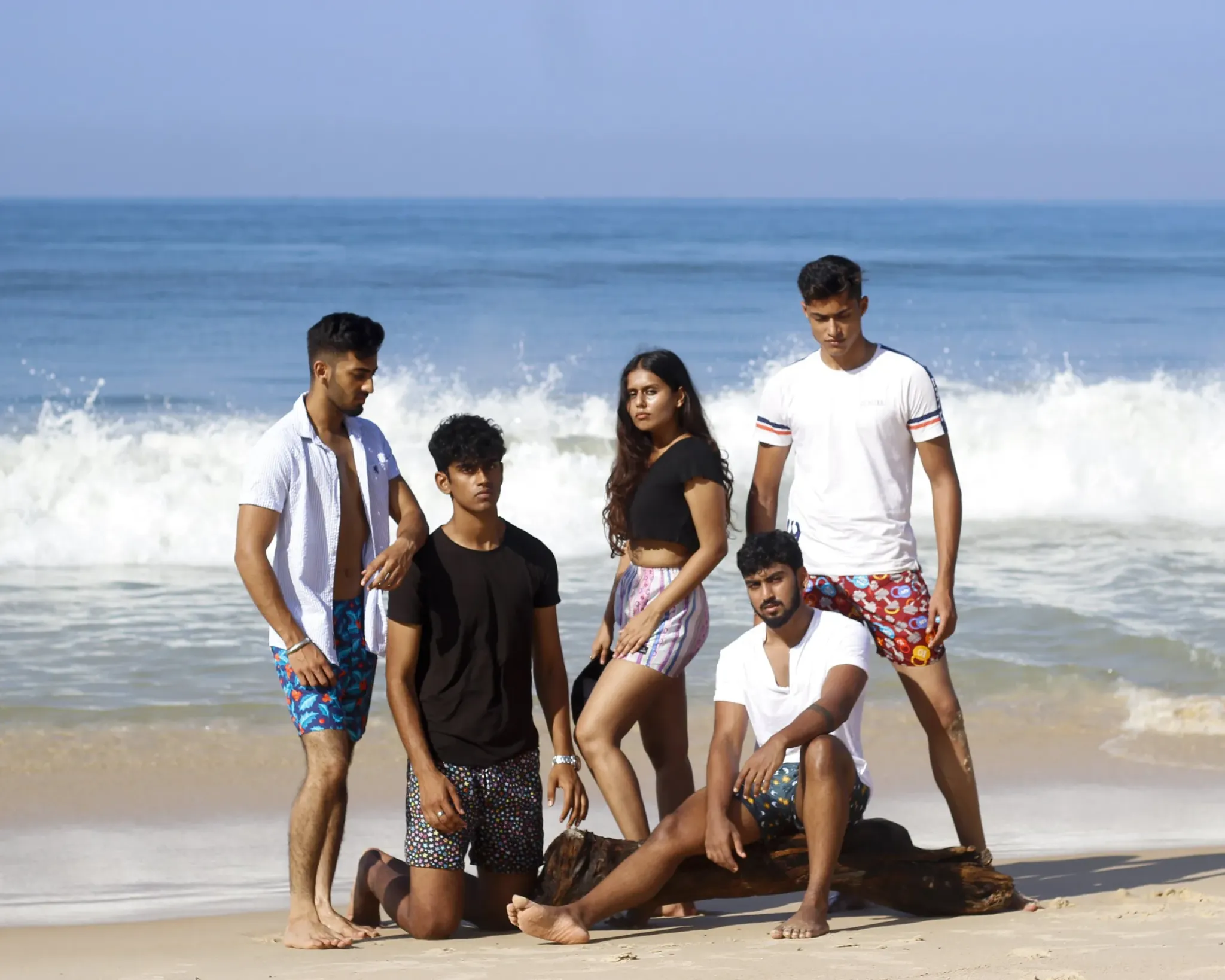 Five friends on a beach wearing Whats Down printed cotton boxers